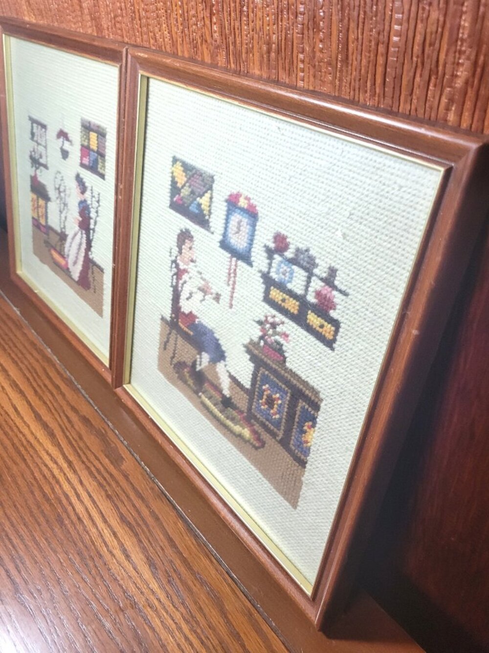 1976 Colonial Needlepoint Framed Art 2 Stitched Spinning Wheel & Flute Player, C